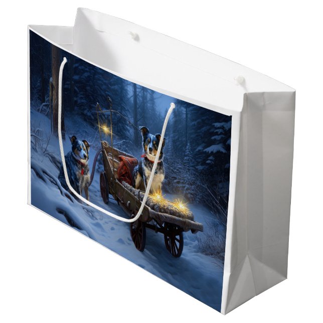 Blue Heeler Snowy Sleigh Weihnachtsdekor Große Geschenktüte (Vorderseite Schrägansicht)