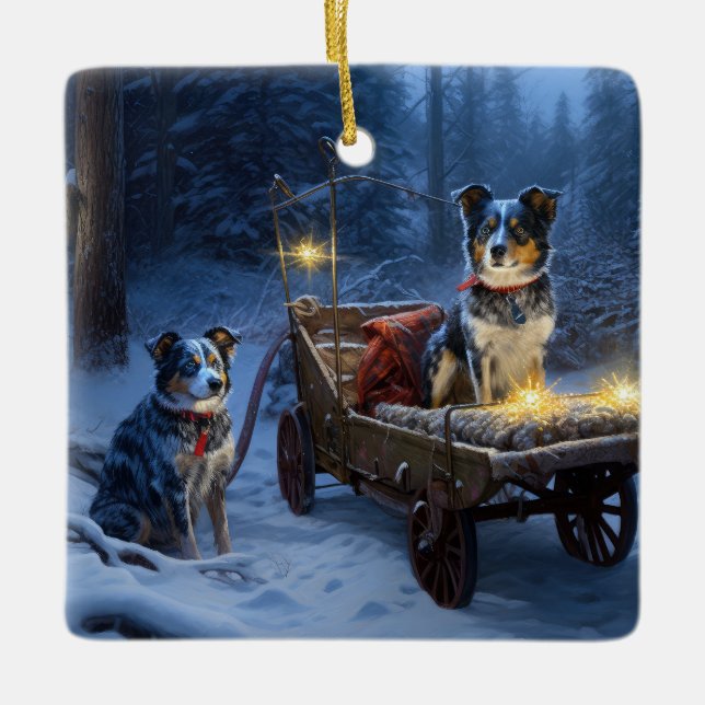 Blue Heeler Snowy Sleigh Weihnachtsdekor Keramikornament (Vorderseite)