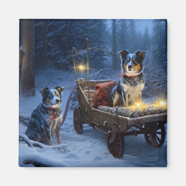 Blue Heeler Snowy Sleigh Weihnachtsdekor Magnet (Vorne)