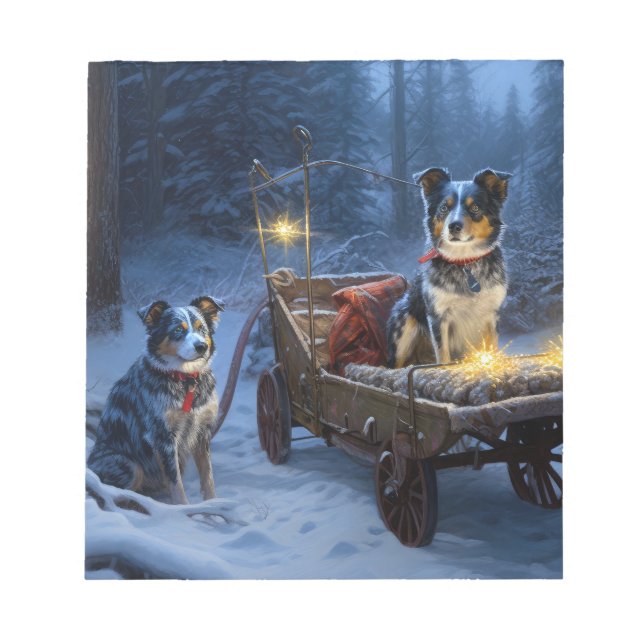 Blue Heeler Snowy Sleigh Weihnachtsdekor Notizblock (Vorderseite)