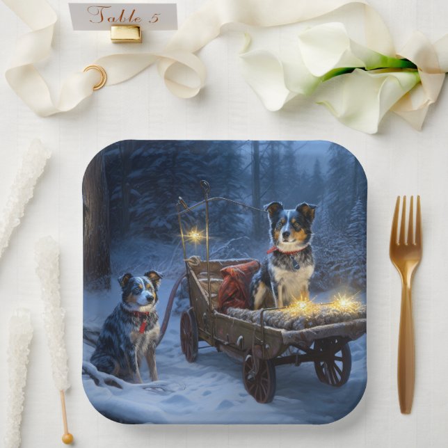 Blue Heeler Snowy Sleigh Weihnachtsdekor Pappteller (Hochzeit)