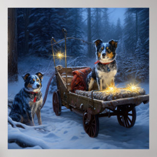 Blue Heeler Snowy Sleigh Weihnachtsdekor Poster