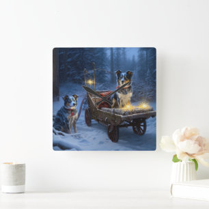 Blue Heeler Snowy Sleigh Weihnachtsdekor Quadratische Wanduhr
