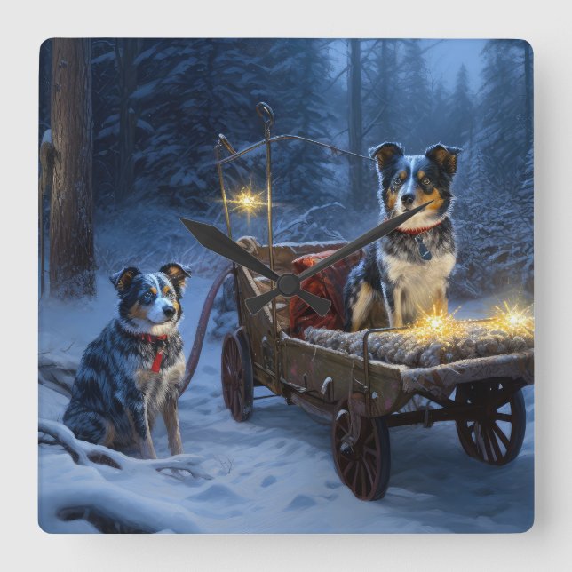 Blue Heeler Snowy Sleigh Weihnachtsdekor Quadratische Wanduhr (Vorderseite)