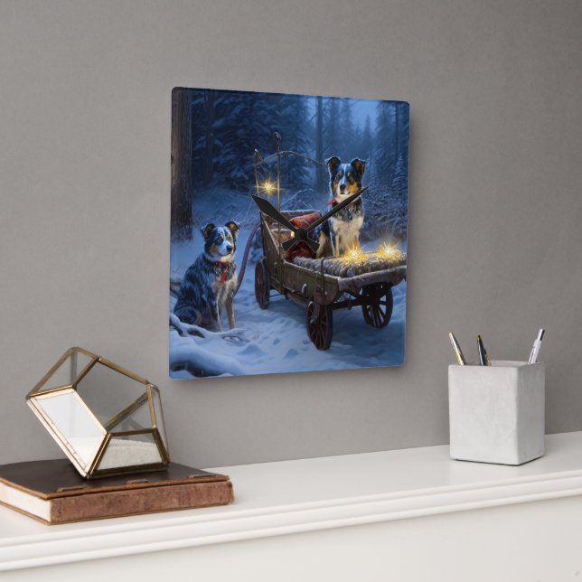 Blue Heeler Snowy Sleigh Weihnachtsdekor Quadratische Wanduhr (Büro)