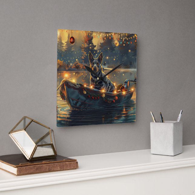 Blue Heeler Weihnachtsfest Reise Quadratische Wanduhr (Büro)