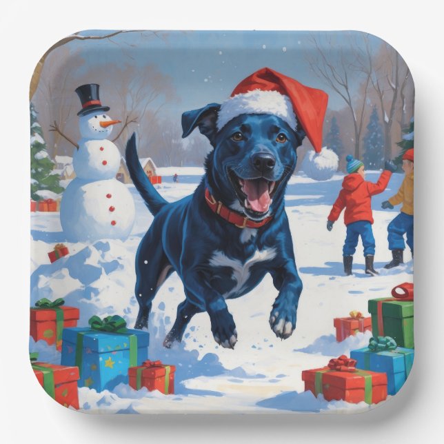 Blue Heeler Weihnachtsfest Schneeszene Pappteller (Vorderseite)