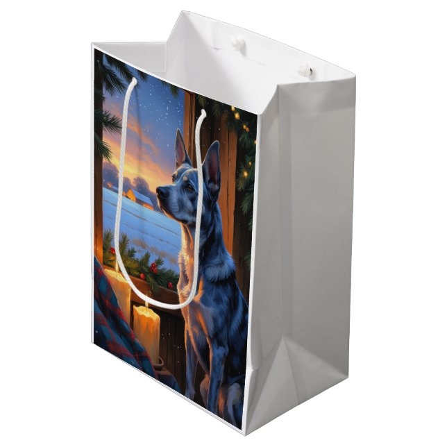 Blue Heeler With Christmas Lights Holiday  Mittlere Geschenktüte (Vorderseite Schrägansicht)