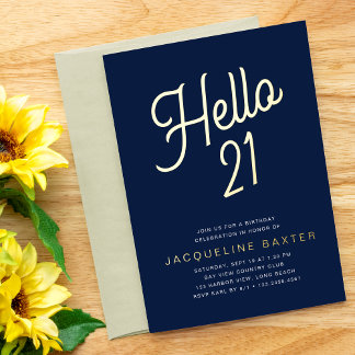 Blue Hello 21 Gold Script 21. Geburtstag Party Folieneinladung