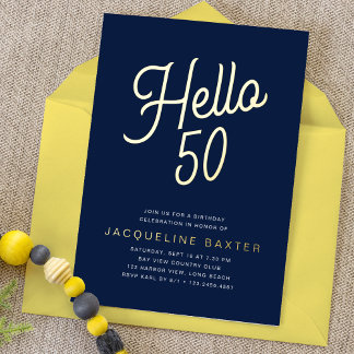 Blue Hello 50 Gold Script 50. Geburtstagsparty Folieneinladung