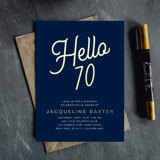 Blue Hello 70 Gold Script 70. Geburtstagsparty Folieneinladung