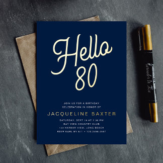 Blue Hello 80 Gold Script 80. Geburtstagsparty Folieneinladung