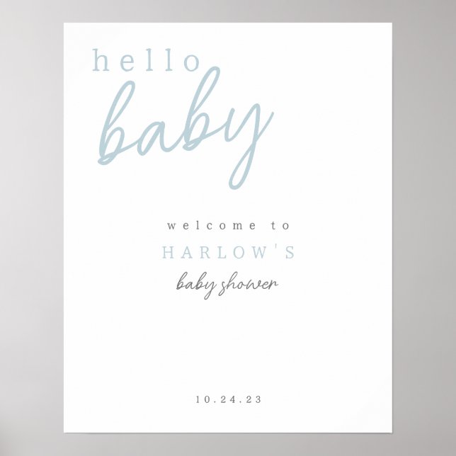 Blue Hello Baby Modernes Baby Dusche Begrüßungszei Poster (Vorne)