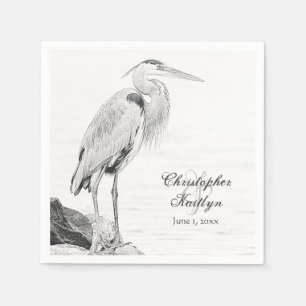 Blue Heron and Rocks, Water Bird Sketch Wedding Serviette