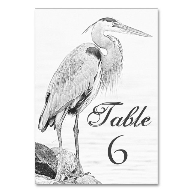 Blue Heron and Rocks, Water Bird Sketch Wedding Tischnummer (Vorderseite)
