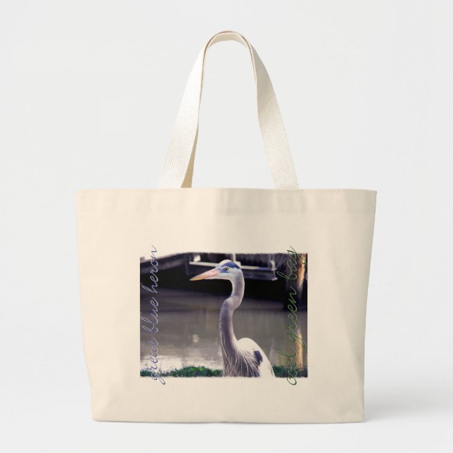 Blue Heron, Grüne Tasche Große Tüte Tasche (Vorne)