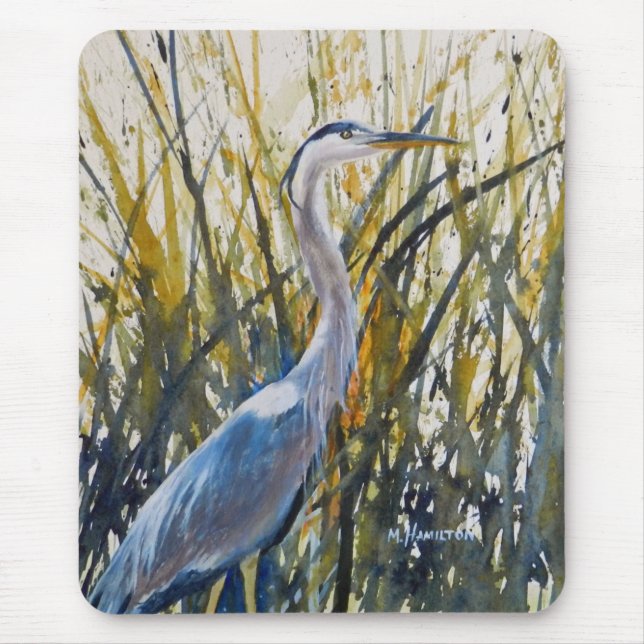 "Blue Heron in Tall Grass Watercolor" Mousepad (Vorne)