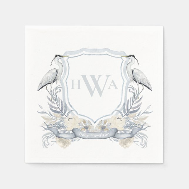 Blue Heron Monogram Wappen Grandmillennial Serviette (Vorderseite)
