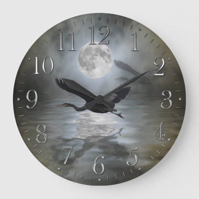 Blue Heron & Moon Wildlife Fantasy Wall Clock Große Wanduhr (Vorderseite)