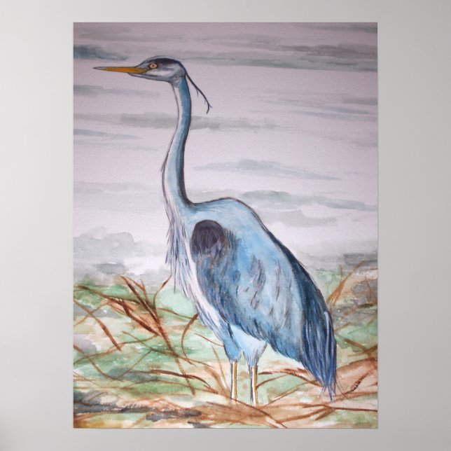 Blue Heron Watercolor-Malerei Poster (Vorne)