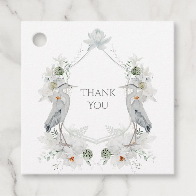 Blue Heron Waterfowl White Floral Ethereal Hochzei Geschenkanhänger (Vorderseite)