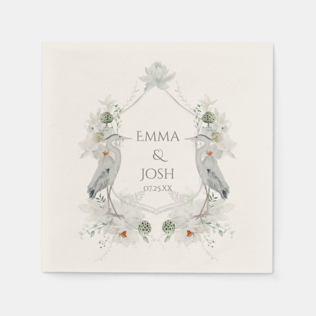 Blue Heron Waterfowl White Floral Ethereal Hochzei Serviette (Vorderseite)