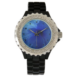 Blue Hibiskus Blume Kristall Black Enamel Watch Armbanduhr