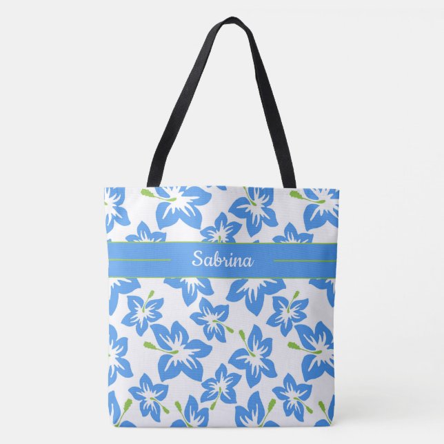 Blue Hibiskus Mit Monogramm Tote Bag (Vorderseite)