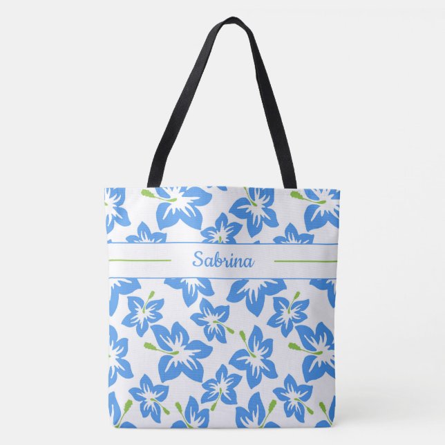 Blue Hibiskus Mit Monogramm Tote Bag (Vorderseite)