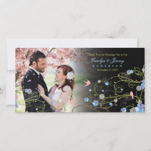 Blue Hibiskus & Swallows Chic Floral Wedding Foto Dankeskarte