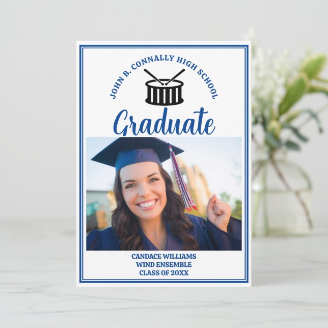 Blue High School Band Foto Abschluss Ankündigung (Stehend Vorderseite)