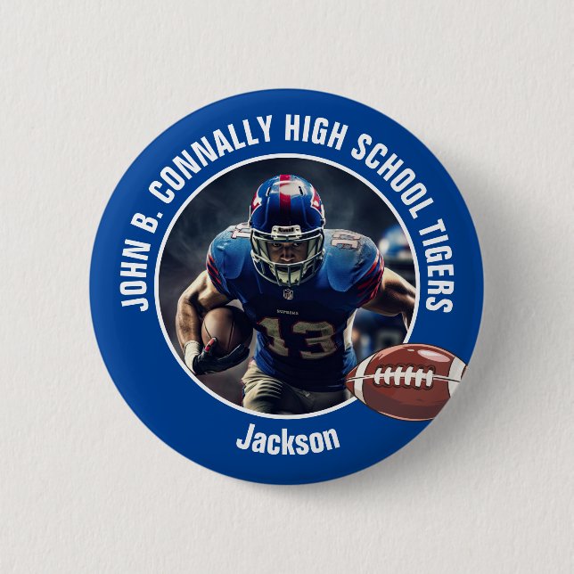Blue High School Football Player Foto Button (Vorderseite)