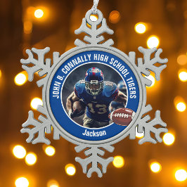 Blue High School Football Player Foto Custom Schneeflocken Zinn-Ornament
