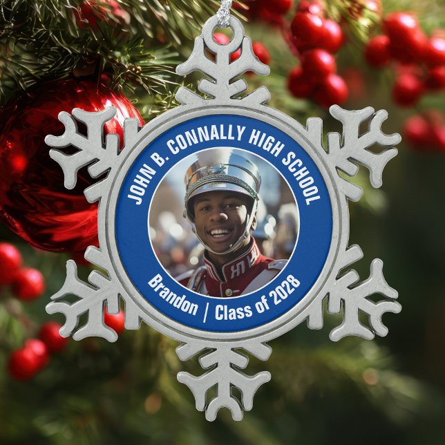 Blue High School Marching Band Foto Geschenk Schneeflocken Zinn-Ornament (Von Creator hochgeladen)