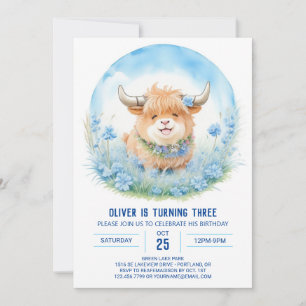 Blue Highland Cow Bash Kindergeburtstag Einladung