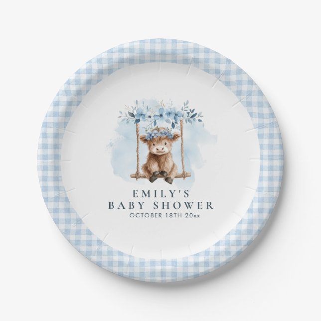 Blue Highland Cow Boy Baby Shower Pappteller (Vorderseite)