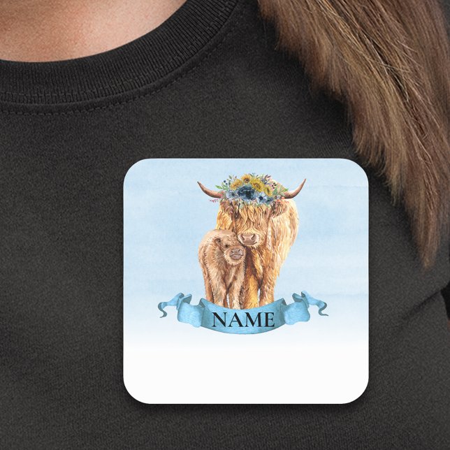 Blue Highland Cow Calf Baby Dusche Name Tag Quadratischer Aufkleber (Von Creator hochgeladen)