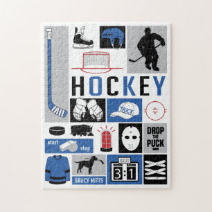 Blue Hockey Elements Stick Puck Player Puzzle