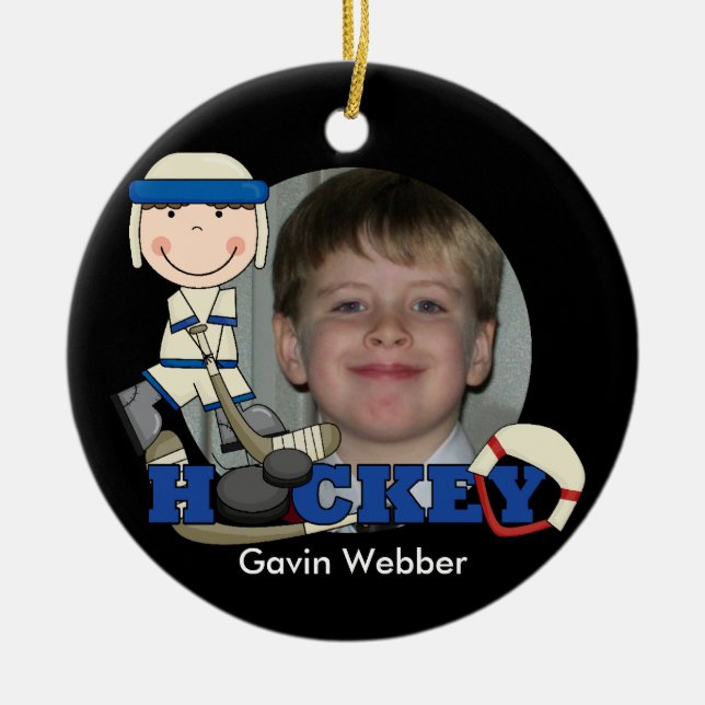 Blue Hockey Player Foto Ornament (Vorne)