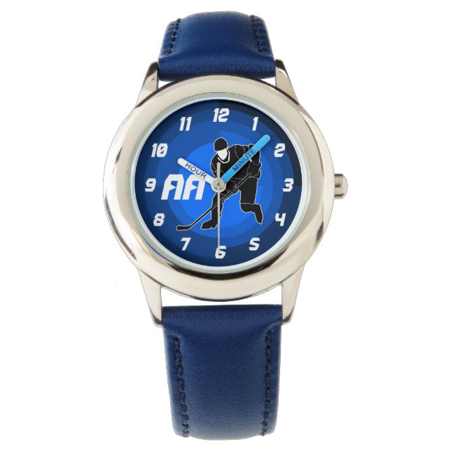 Blue Hockey Player Silhouette Armbanduhr (Vorderseite)