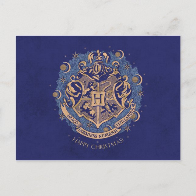 Blue HOGWARTS™ Wappen Holiday Wreath Feiertagspostkarte (Vorderseite)