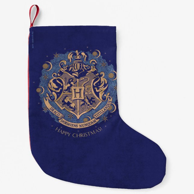 Blue HOGWARTS™ Wappen Holiday Wreath Kleiner Weihnachtsstrumpf (Vorderseite)