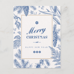 Blue Holiday Floral Foto Holiday Card Feiertagspostkarte