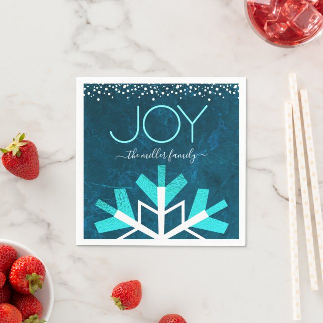 Blue Holiday Snowflake Joy Modern Typografy Name Serviette (Beispiel)