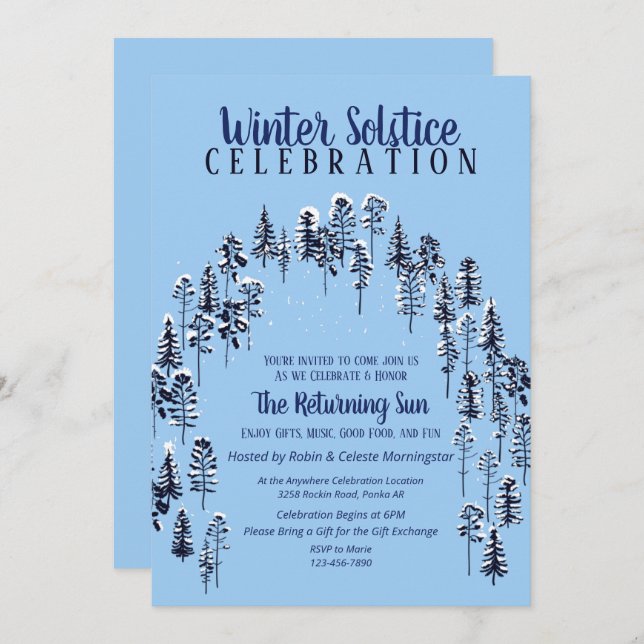 Blue Holiday Winter Solstice Snow Forest Party Einladung (Vorne/Hinten)