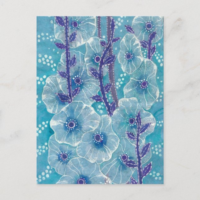 Blue Hollyhock Mallow Malva Blume Blumenbemalung Postkarte (Vorderseite)