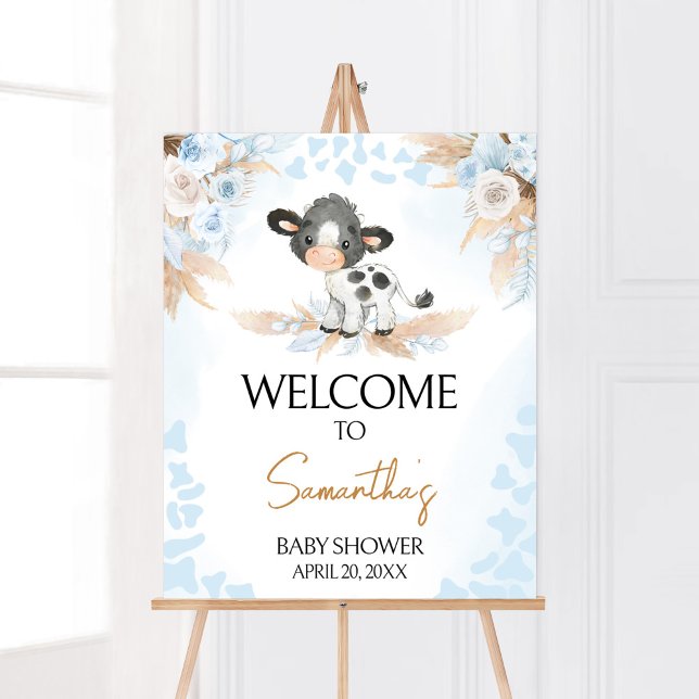 Blue Holy Cow Baby Dusche Willkommen Poster (Boy Highland Cow Baby Shower Welcome Sign)
