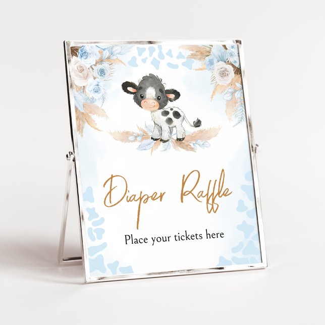 Blue Holy Cow Baby Dusche Windelwanne Raffle Poster (Boy Highland Cow Baby Shower Diaper Raffle Sign)