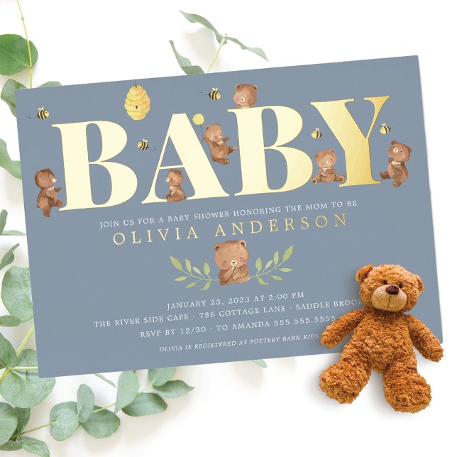 Blue Honey Bear Baby Shower Einladung (Von Creator hochgeladen)