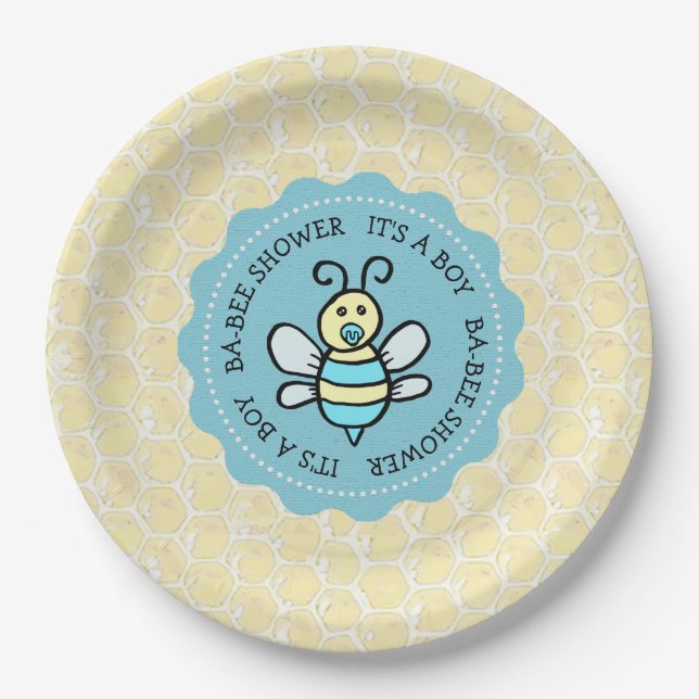 Blue Honey Bee Boy's Baby Shower Pappteller (Vorderseite)